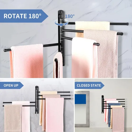 Miniatura 3 de Toallero giratorio, toallero de 12.6 pulgadas con rotación de 180° montado en la pared, 5 brazos de acero inoxidable SUS 304, ahorro de espacio