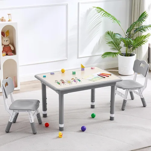 DOREROOM Juego de mesa y 2 sillas para niños, altura ajustable (17.7-26.1 pulgadas), mesa y silla para niños pequeños, mesa multiactividad con Gris-W