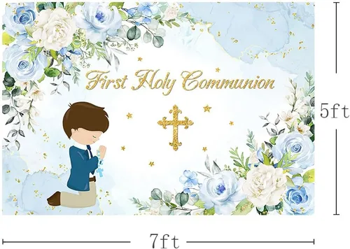 Miniatura 3 de MEHOFOND Telón de fondo azul para la primera comunión Mi Bautizo de 7 x 5 pies para niños, decoración de fiesta de Dios bendiga fondo azul acuarela