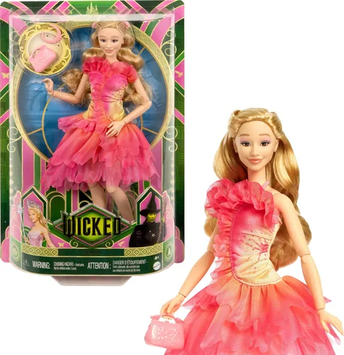 Mattel Muñeca universal Wicked Glinda Fashion y accesorios con cabello rubio, posibilidad de posición y aspecto de salón extraíble