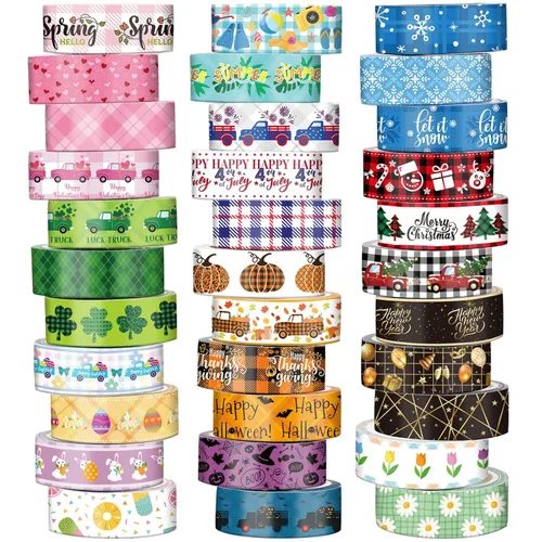TaoBary 33 rollos de cinta Washi de cuadros festivos, juego de cinta Washi estacional de 15 mm, bohemio vintage colorido y lindo para envolver