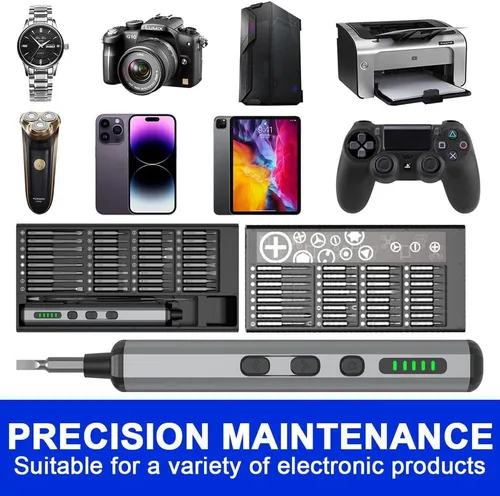 Miniatura 7 de Mini juego de destornilladores eléctricos, kit de destornilladores de precisión inalámbricos 68 en 1, 3.7 V recargable con 5 torque ajustables y 4