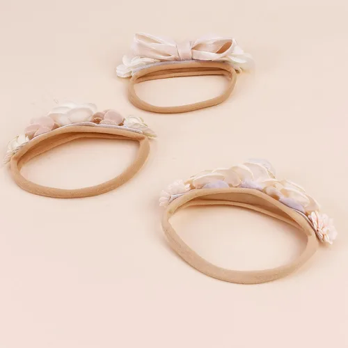Miniatura 5 de Diademas de niña de nylon con flores elásticas, 3 piezas, accesorios para el pelo, regalo para recién nacidos, bebés y niños pequeños (TU-HDJ-3PCS)