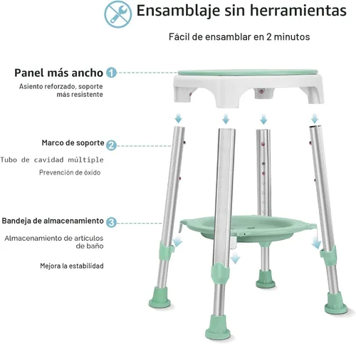 Miniatura 4 de Silla de ducha para ducha interior, taburete de ducha giratorio sin herramientas con bandeja de almacenamiento, silla de bañera ajustable y taburete