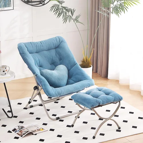 Miniatura 13 de Silla Platillo con Otomán, Cómoda Silla Plegable de Gran Tamaño, Silla de Lectura de Piel Sintética para Adultos, Silla Perezosa Plegable de Acento