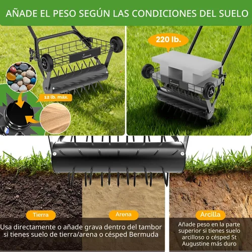 Miniatura 4 de Aireador de césped, aireadores manuales resistentes para césped con doble peso de hasta 100 libras, herramienta de césped con 39 picos, aireador