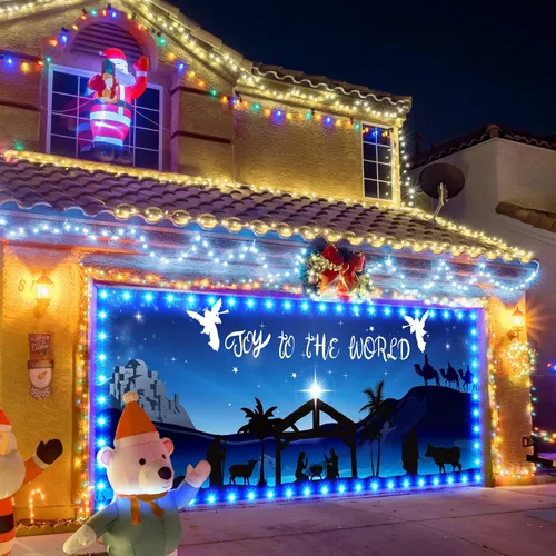 Miniatura 5 de Ganeen Pancarta de Luces LED en Cadena de 6.4x16 pies para Puerta de Garaje de Navidad 2025, Grande, Rústica, Decoraciones de Puerta de Garaje