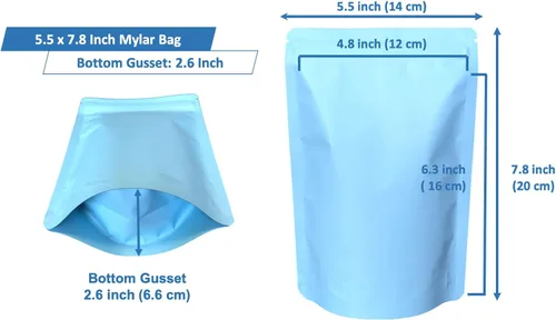 Paquete de 100 bolsas de pie de Mylar azul mate, bolsa de almacenamiento de alimentos de 5.5 x 7.8 pulgadas, a prueba de olores, bolsa con cierre