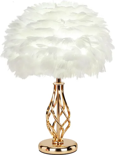 Lámpara de Mesa de Pluma con Base de Jaula Espiral Dorada Única - Luz de 3 Temperaturas de Color, Perfecta para Mesita de Noche del Dormitorio de