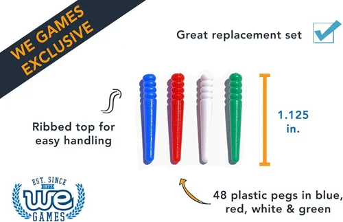Miniatura 5 de WE Games 48 clavijas de plástico estándar con un diseño cónico en 4 colores: rojo, blanco, azul y verde Rojo/Blanco/Azul/Verde
