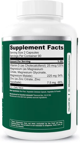 Miniatura 8 de Elementos Esenciales Magnesio Plus Zinc con Vitamina D3 Científicamente Formulado para Apoyo al Corazón, Huesos y Músculos Complejo de Magnesio