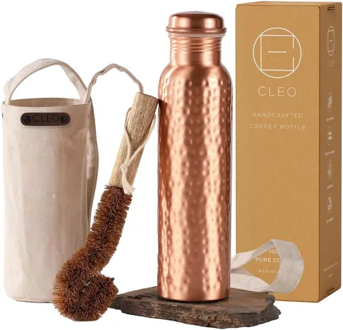 Miniatura 10 de Botella de agua de cobre puro 100% CLEO HOME para beber, botella de cobre ayurvédica martillada de 32 onzas para agua potable A prueba de fugas