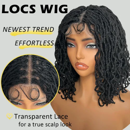 Miniatura 2 de SOKU Peluca de Encaje Frontal con Locs Falsos Cortos y Rizados de 12 Pulgadas Negro Natural 4x4 Espacio de Separación Grande Pelucas de Rastas