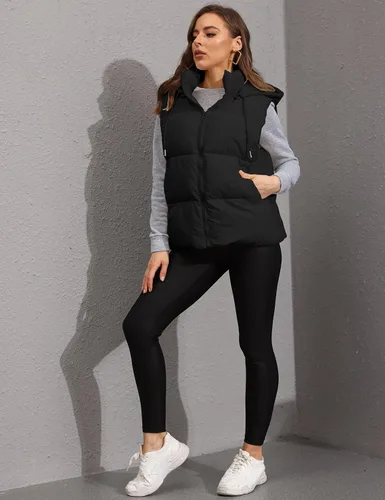 Miniatura 6 de Tanming Chaleco acolchado negro para mujer, con cremallera, ligero, sin mangas, para invierno, con capucha