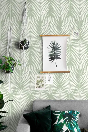 Miniatura 4 de NextWall Palm Silhouette Coastal Papel Tapiz Despegar y Pegar (Verde Pastel)