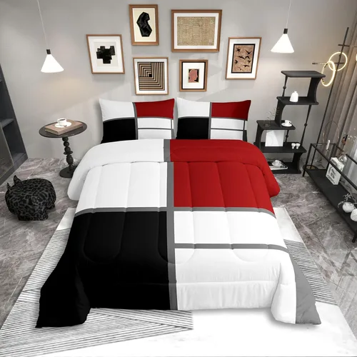 Miniatura 38 de Erosebridal Edredón Cuadrado para Niños y Niñas, Juego de Ropa de Cama Negro y Gris Blanco Azul Marino, Juego de Edredón Geométrico Completo