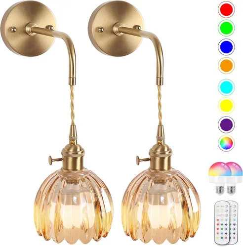 Juego de dos apliques de pared a batería vintage, accesorios de lámpara con pantalla de vidrio tulipán ámbar para interiores no cableados, luces de