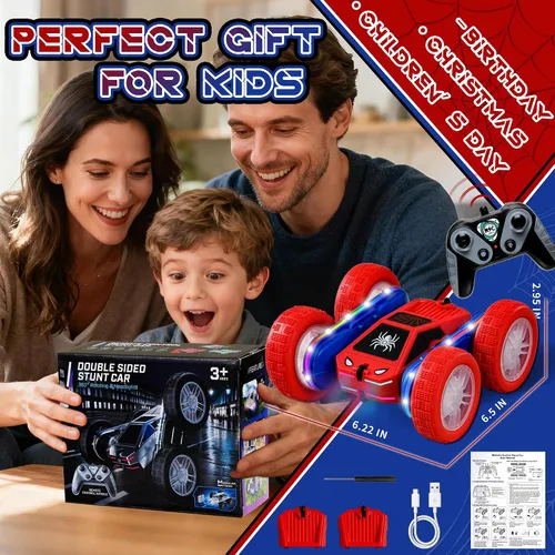Miniatura 7 de Spider - Coche de control remoto 4WD 360° Flips RC Stunt Car Monster Truck Juguetes de doble cara Drift RC Cars con luces LED, 2 módulos de batería