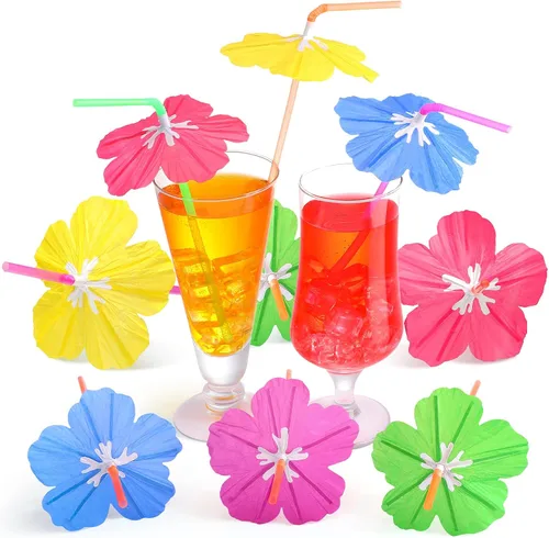 Chengu 200 popotes de hibisco para beber, decoración de fiesta Luau, pajitas de cóctel, pajitas desechables para verano, playa, decoración de fiesta