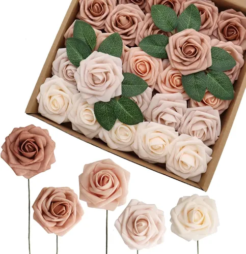 Miniatura 11 de Flores artificiales, 25 rosas de espuma de aspecto real, rosas falsas con tallos para ramos de boda, centros de mesa, baby shower, fiesta