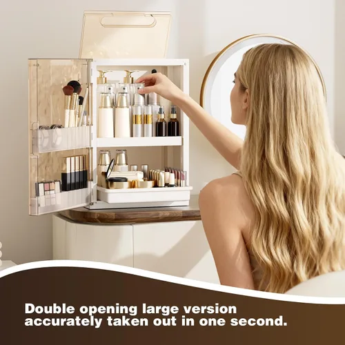 Miniatura 8 de Organizador de maquillaje con cajones, organizador de cuidado de la piel para tocador, vitrina grande de cosméticos con asa, organizadores