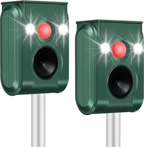 Repelente de gatos para exteriores, paquete de 2 unidades, repelente solar de animales ultrasónico con sensor de movimiento y luz intermitente,