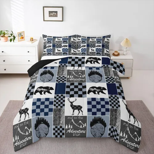 Miniatura 208 de Juego de edredón de oso y ciervo, tamaño individual, ropa de cama de animales salvajes de caza, colcha rústica de cabaña, casa de campo, cuadros