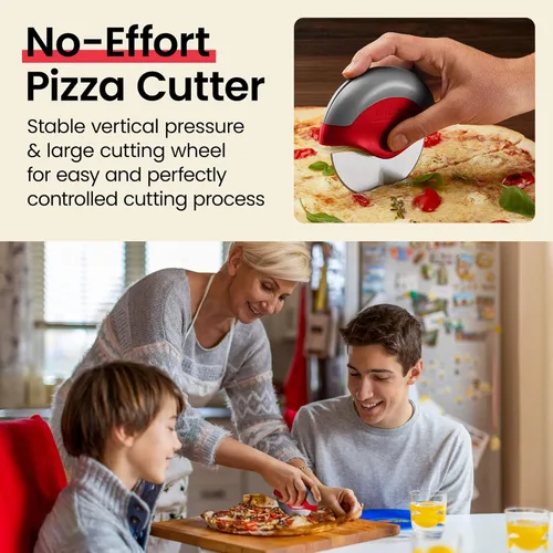 Miniatura 2 de Rueda para cortar pizza con protección para cuchilla Kitchy, rebanador súper afilado y fácil de limpiar, de acero inoxidable, Rojo