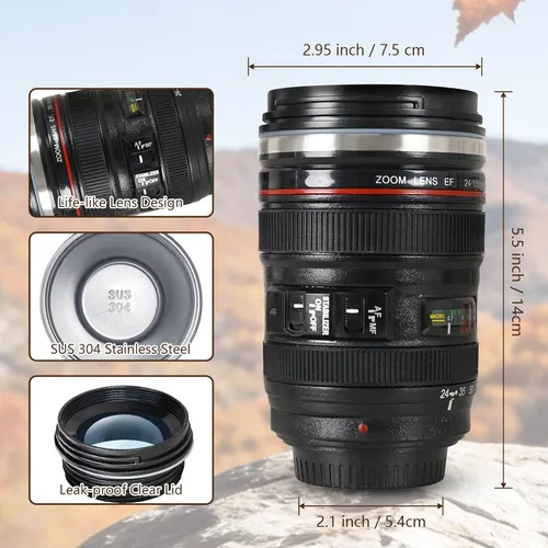 Miniatura 8 de Taza de café con lente de cámara, a prueba de fugas, 13.5 onzas, SUS-304, taza de viaje de acero inoxidable con cuchara, sin BPA, tapa para Negro