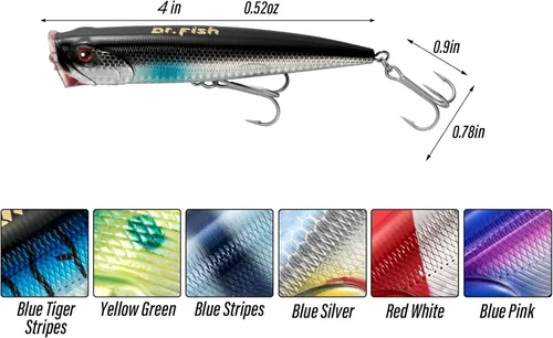 Miniatura 2 de Dr.Fish Popper - Señuelos de pesca de agua salada, 4/5.5 pulgadas GT Popper VMC anzuelos agudos señuelos de pesca para lubina, lucio, salmón en alta