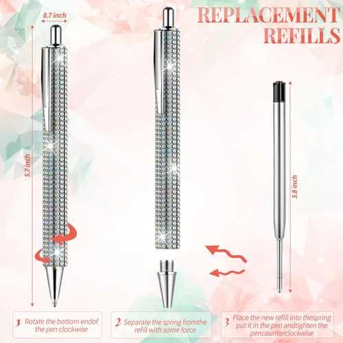 Miniatura 7 de Bolígrafos brillantes para diamantes de imitación, 4 bolígrafos plateados brillantes con 8 repuestos retráctiles de tinta negra para suministros