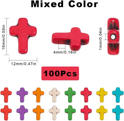 Miniatura 2 de SUNNYCLUE 1 Caja 100 Piezas Cuentas de Cruz a Granel Pequeñas Cuentas de Cruz de Pascua Piedra de Magnesita Sintética Crucifijos Cruces Blanco Rojo
