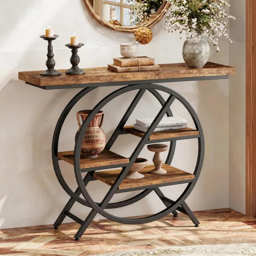 LITTLE TREE Mesa consola para entrada, mesa de sofá de 39.37 pulgadas detrás del sofá, mesa de madera industrial de 4 niveles estrecha con marco de