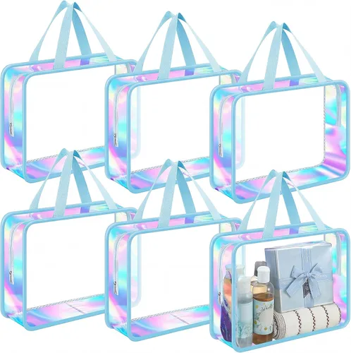 Sweetude Bolsa de aseo transparente grande con asa, bolsa de maquillaje de playa iridiscente de gran capacidad, bolsa de maquillaje de PVC Azul