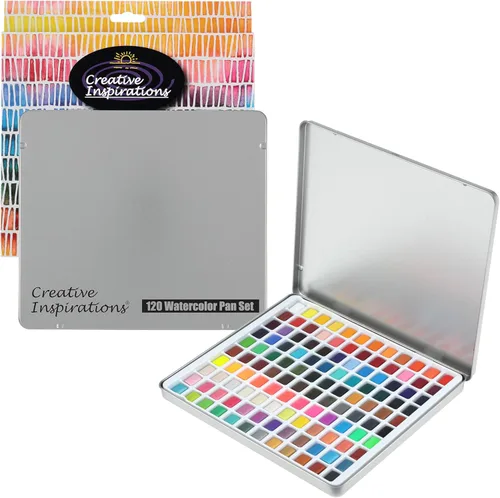 Creative Inspirations Juego de pintura de acuarela, 120 acuarelas de media bandeja en lata de metal, incluye 72 originales, 12 fluorescentes, 5 de
