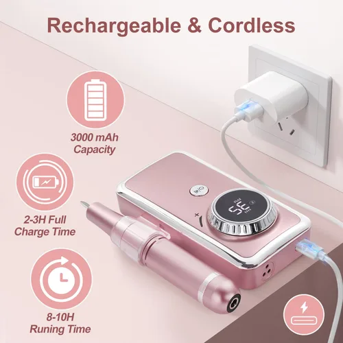 Miniatura 4 de Taladro de uñas eléctrico profesional, 35,000 rpm, taladro de uñas portátil Efile con 11 brocas de uñas, máquina de taladro de uñas recargable