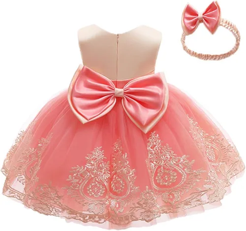 CMMCHAAH - Vestidos de fiesta y concurso, con encaje y bordado, con lazo, tutú y diadema, para bebés y niñas, tallas 0-6T