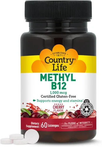 Country Life Metil B12, soporta energía y resistencia, 1000 mcg, 60 pastillas, certificado sin gluten, certificado vegano