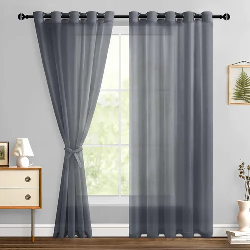 Miniatura 111 de Hiasan - Cortinas traslúcidas de gasa cortas semitransparentes con ojales y alzapaños filtrantes de luz para ventana, dormitorio, baño, 2 paneles