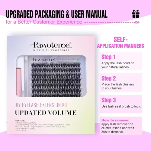 Miniatura 8 de Kit de extensión de pestañas Pawotence DIY 280 piezas, kit de racimos de pestañas individuales de 9-16mm, kit de extensión de pestañas en racimo