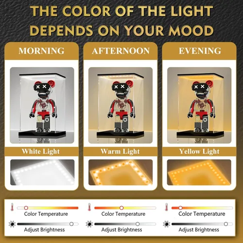Miniatura 4 de LANSCOERY Vitrina de acrílico con luz LED ajustable amarilla/blanca/cálida, caja transparente de protección UV, vitrina a prueba de polvo