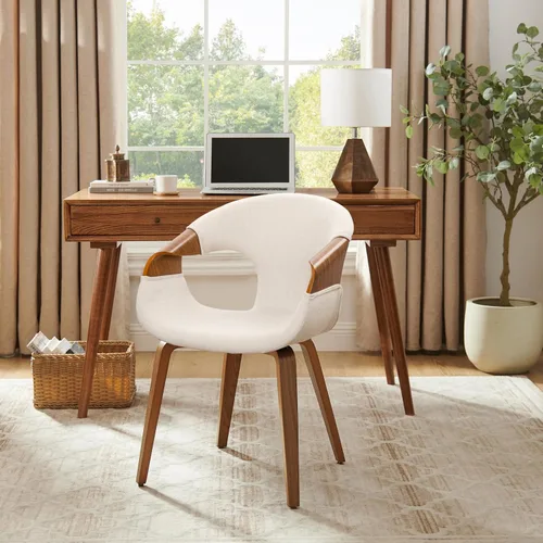 Art Leon Silla de escritorio sin ruedas - Silla moderna de mediados de siglo, silla de escritorio de madera tapizada de tela, silla de oficina con