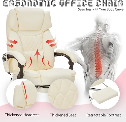 Miniatura 6 de Silla de Oficina de Masaje con Reposapiés, 6 Puntos de Vibración y Calor, Sillas de Escritorio de Oficina en Casa para Personas Pesadas de 400 Crema