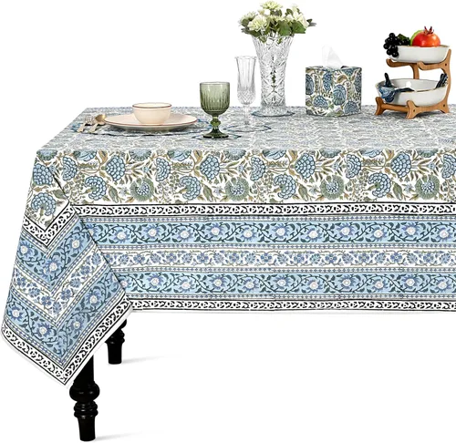 Ridhi - Mantel cuadrado 100% algodón con estampado en bloque, lavable, para Halloween, Acción de Gracias, Navidad, fiestas, bodas, decoración de