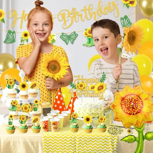 Miniatura 6 de JCOOS Decoraciones de fiesta de girasoles: decoraciones de fiesta de cumpleaños de girasol incluyen globos, pancartas, decoración de tartas