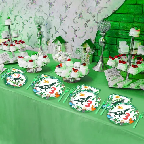 Miniatura 6 de 96 piezas de decoraciones de fiesta de dinosaurios 3 Rex suministros de cumpleaños para 3er cumpleaños, juego de vajilla 3 T-Rex desechables