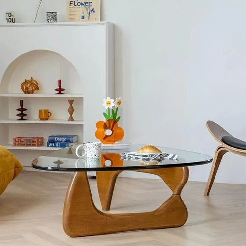 Miniatura 8 de Mesa auxiliar moderna Mid-Century con parte superior triangular de vidrio transparente y base de madera maciza, mesa auxiliar moderna para sala