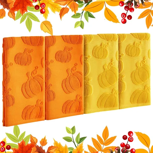 Remagr Paquete de 4 toallas de mano 3D de calabaza jacquard para baño, algodón jacquard, absorbente, otoño, Acción de Gracias, naranja y amarillo,