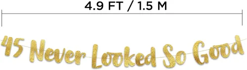 Miniatura 4 de Cartel dorado con purpurina preencordada de 45 «Never Looked So Good» – Decoraciones de cumpleaños 45 y aniversario para hombres y mujeres
