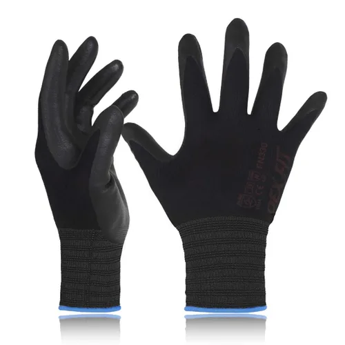 DEX FIT Guantes de trabajo con revestimiento de nitrilo FN330-3D, ajuste elástico, agarre firme, delgados y ligeros, dedos para pantalla táctil,